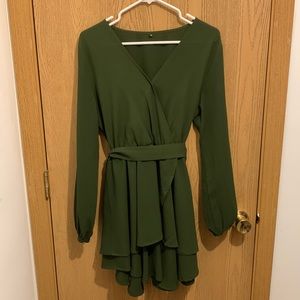 V Neck Ruffle Long Sleeve Tie Waist Casual A Line Swing Mini Wrap Dress